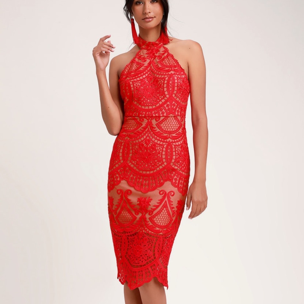 NWT Lulus Red Lace Halter Midi Dress ❤️